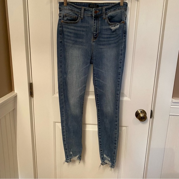 JUDY BLUE JEANS BLUE SKINNY FIT DISTRESSED STRETCH 5 POCKET ZIP BUTTON Size 7/28 - Picture 1 of 12